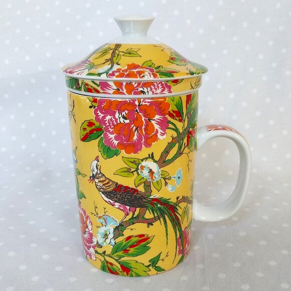 Cost Plus World Market Vintage Ceramic Peacock 3 pc. Tea Infuser Mug w/Lid - Picture 1 of 6